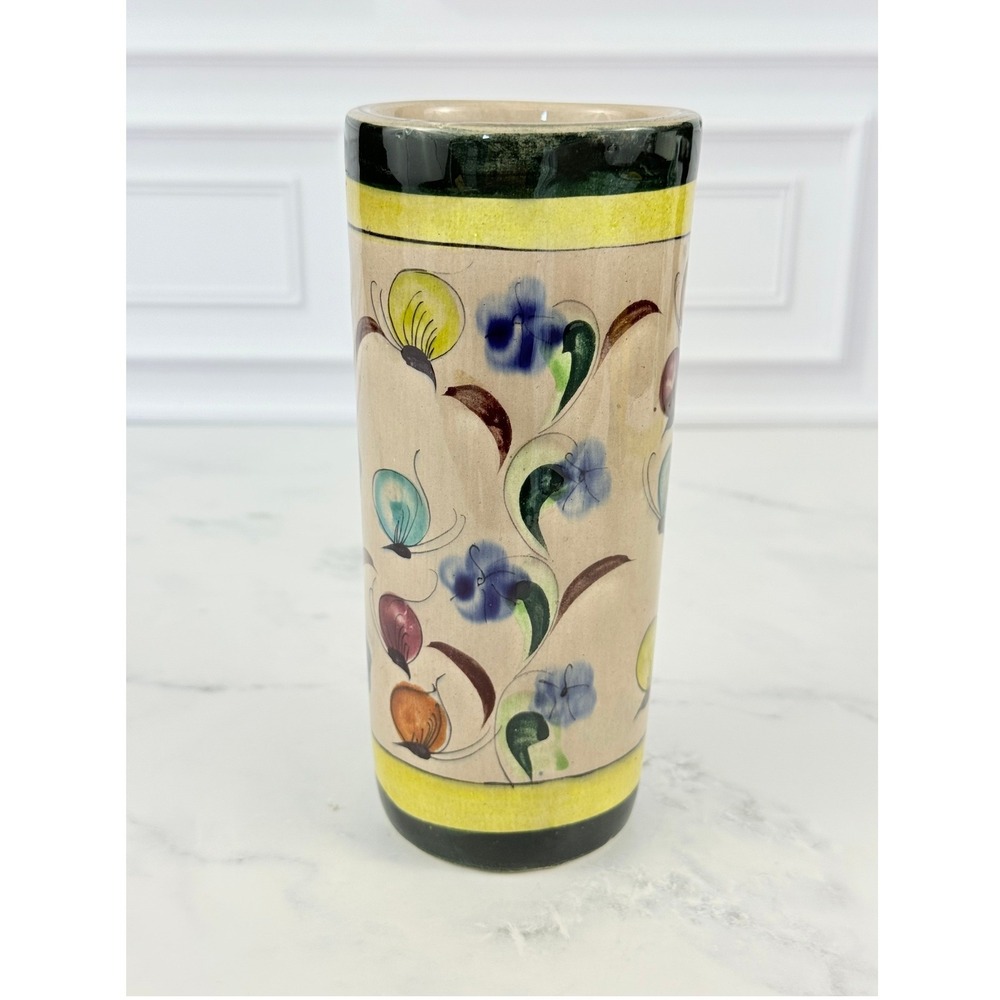 VTG Mexico Tonala Pottery 6.5" Tall Cylindrical Vase Butterflies Signed
